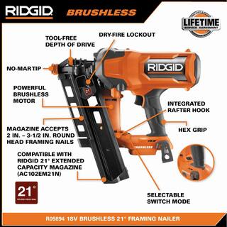 RIDGID 18V Brushless Cordless 21 3-12 in. Framing Nailer with 18V 6.0 Ah MAX Output Lithium-Ion Battery R09894B-AC840060