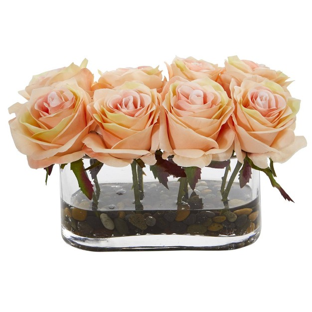 Nearly Natural 5 5 in Blooming Roses In Glass Vase Artificial Arrangement