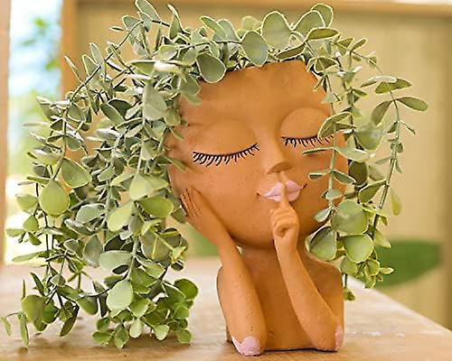 Face Planter Pots - Cute Lady Closed Eyes Head Pots for Indoor/Outdoor Plants（Brown-head Planter）