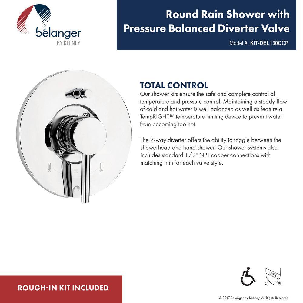 KEENEY Belanger 1-Spray Round Hand Shower and Showerhead from Wall Combo Kit with Slide Bar and Valve in Polished Chrome KIT-DEL130CCP