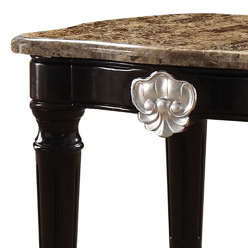 Marble Top End Table With Contrast Carved Motif Turned Wood Legs， Black