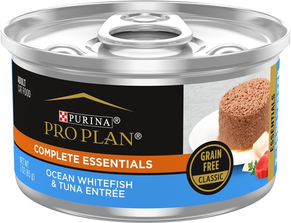 Purina Pro Plan Ocean Whitefish and Tuna Classic Entree Grain-Free Canned Cat Food， 3-oz can， case of 24