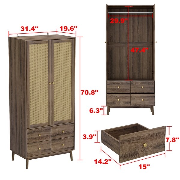 Large Capacity Armoire Wardrobe Rattan Multifunctional Storage Cabinet - - 37852156