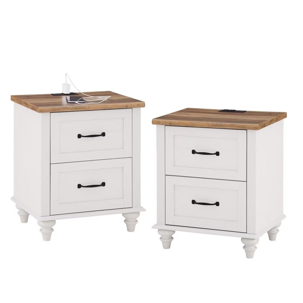 White Nightstand with Charging Station  2 Drawer End Table (Set of 2)