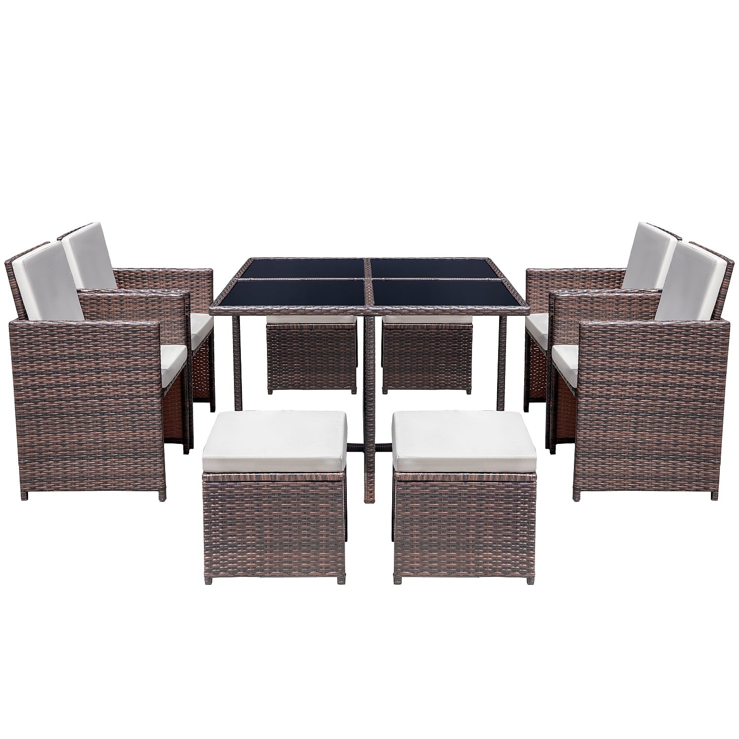 Lacoo 9 Pieces Patio Dining Sets Tempered Glass Table Cushioned Chairs with Ottoman 8 Seating Capacity, Beige