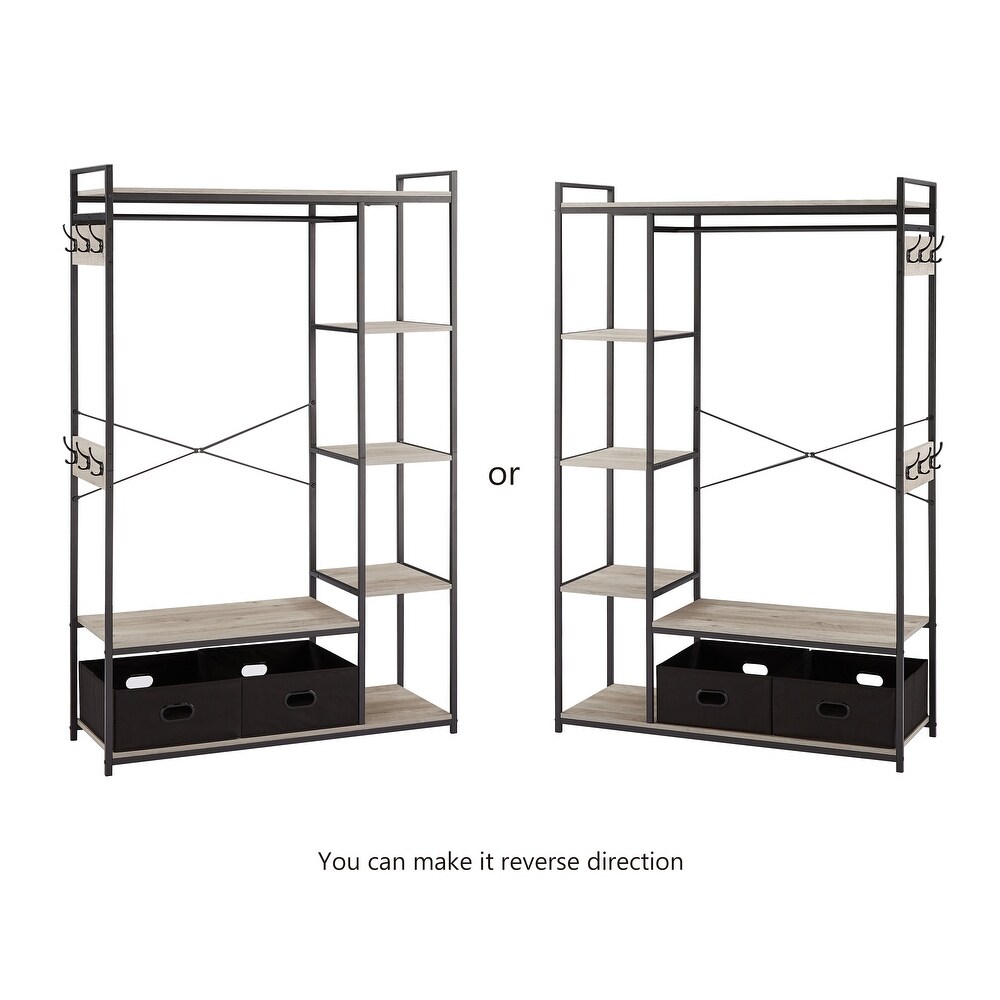 Free Standing Closet Organizer  Portable Garment Rack with Open Shelves and Hanging Rod  Black Metal Frame