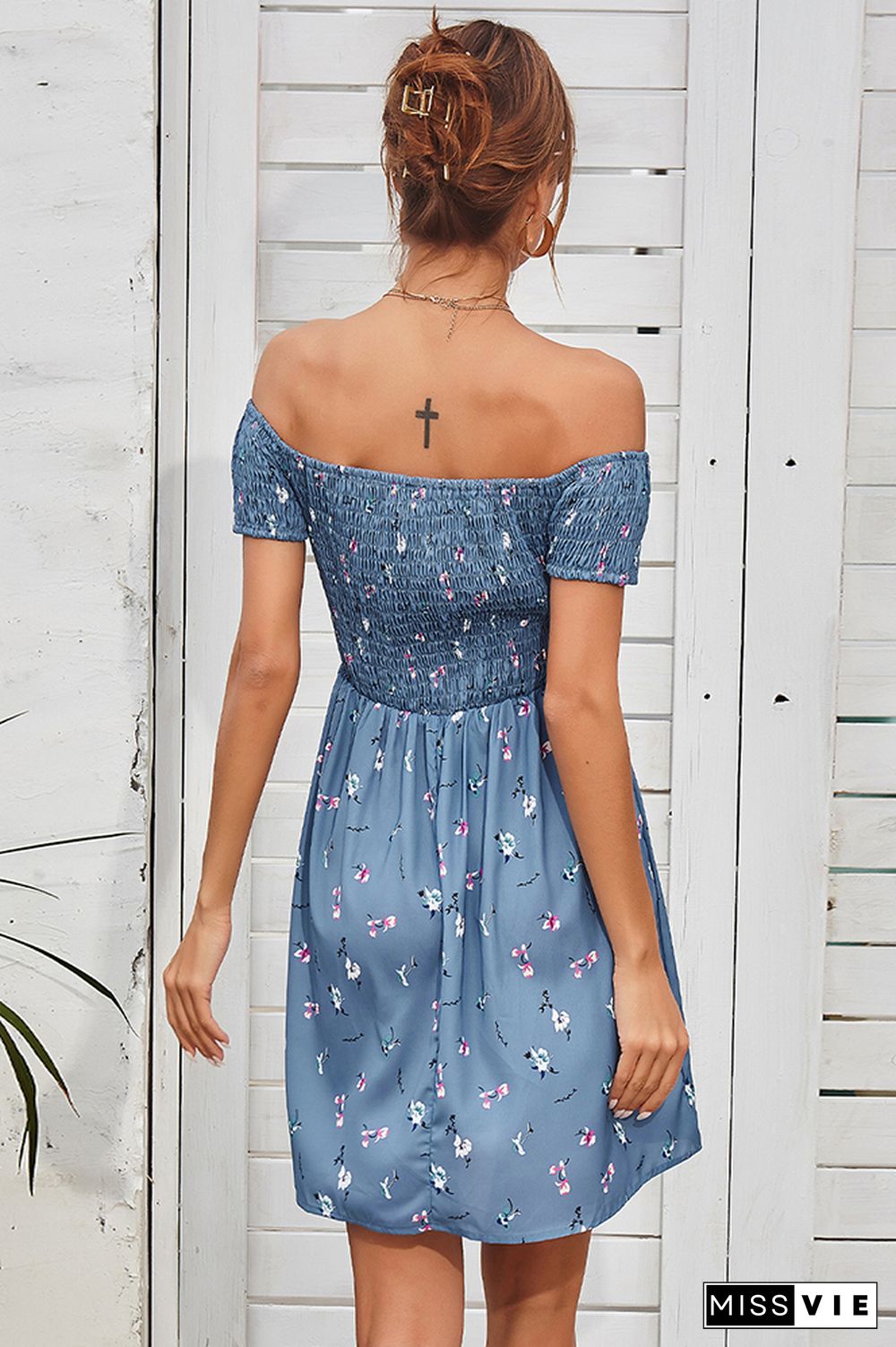 Off Shoulder Short Sleeve Floral Dress Wholesale