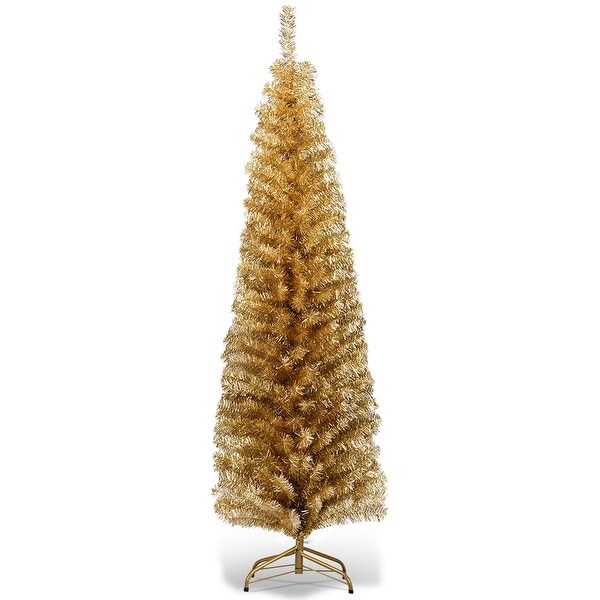 Costway 6FT Tinsel Tree Slim Pencil Christmas Tree Silver Champagne