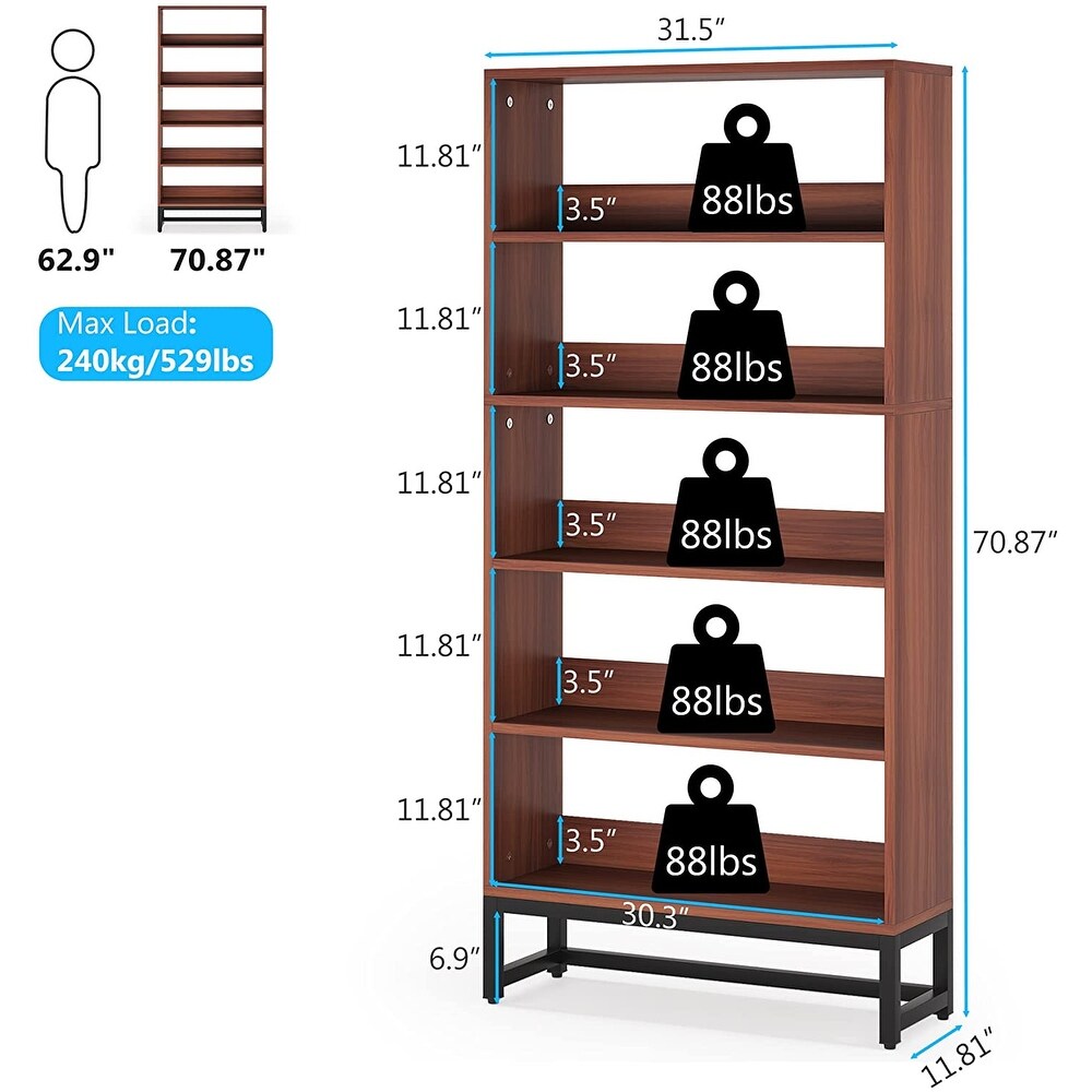 71 inch Tall 5 tier Transitional Wooden Bookcase   31.5”L* 11.81”W* 70.87”H