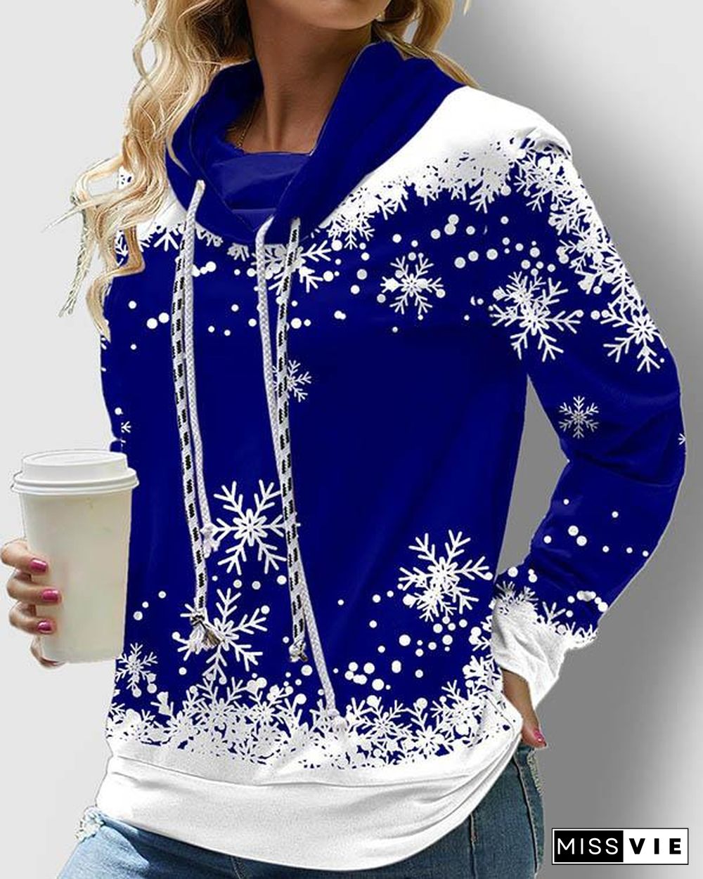 Drawstring Christmas Snowflake Print 4 Colors Sweatshirt