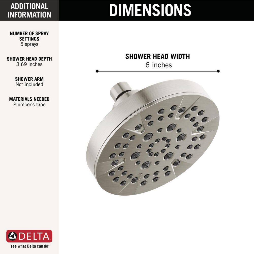 Delta 5-Spray Patterns 1.75 GPM 6 in. Wall Mount Fixed Shower Head in Stainless 52535-SS