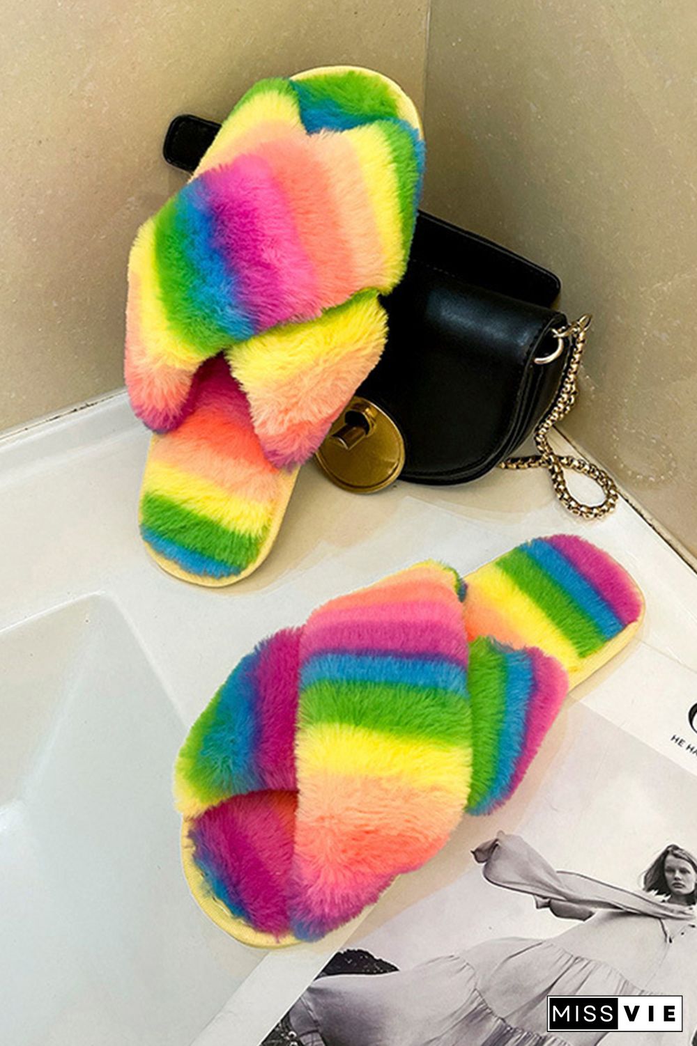 Multicolor Fluffy Criss-cross Home Slippers Wholesale