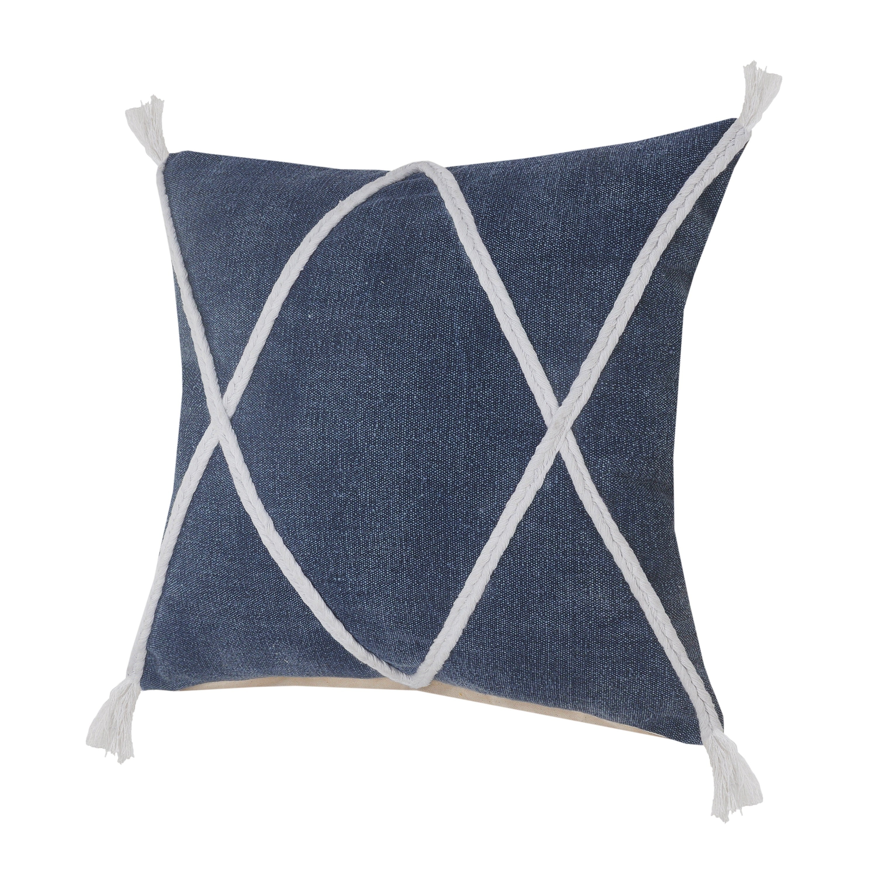 Birch Harbor Coastal Geometric Braided and Tasseled Throw Pillow