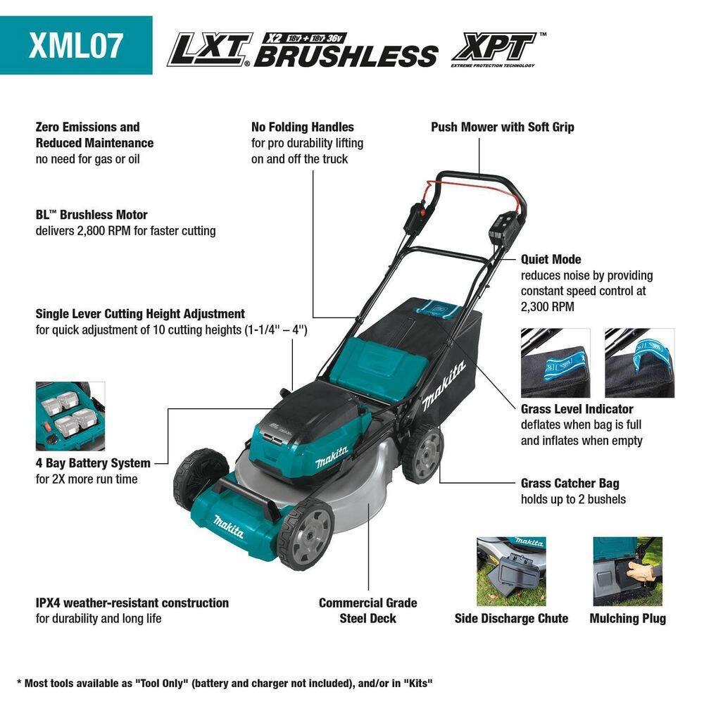 Makita 21 in. 18V X2 (36V) LXT Walk Behind Push Lawn Mower Kit with 4 Batteries (5.0 Ah) with bonus 18V X2 (36V) LXT Blower XML07PT1-XBU02Z