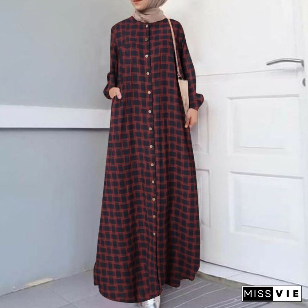 Ethnic Long Sleeve Loose Cardigan Temperament Plaid Cotton and Hemp Long Dress Linen Dresses