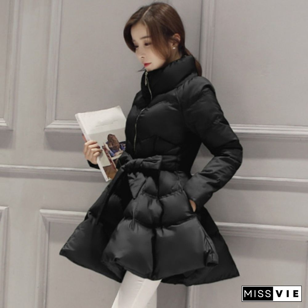 Women Puffer Coat Jacket Swing Zip Bowtie Mid Length Quilted Padded Winter Outerwear Casual