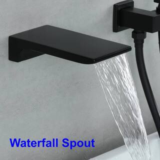 FLG Single-Handle Wall-Mount Roman Tub Faucet with Hand Shower Brass Waterfall Tub Filler in Matte Black SS-0052-MB