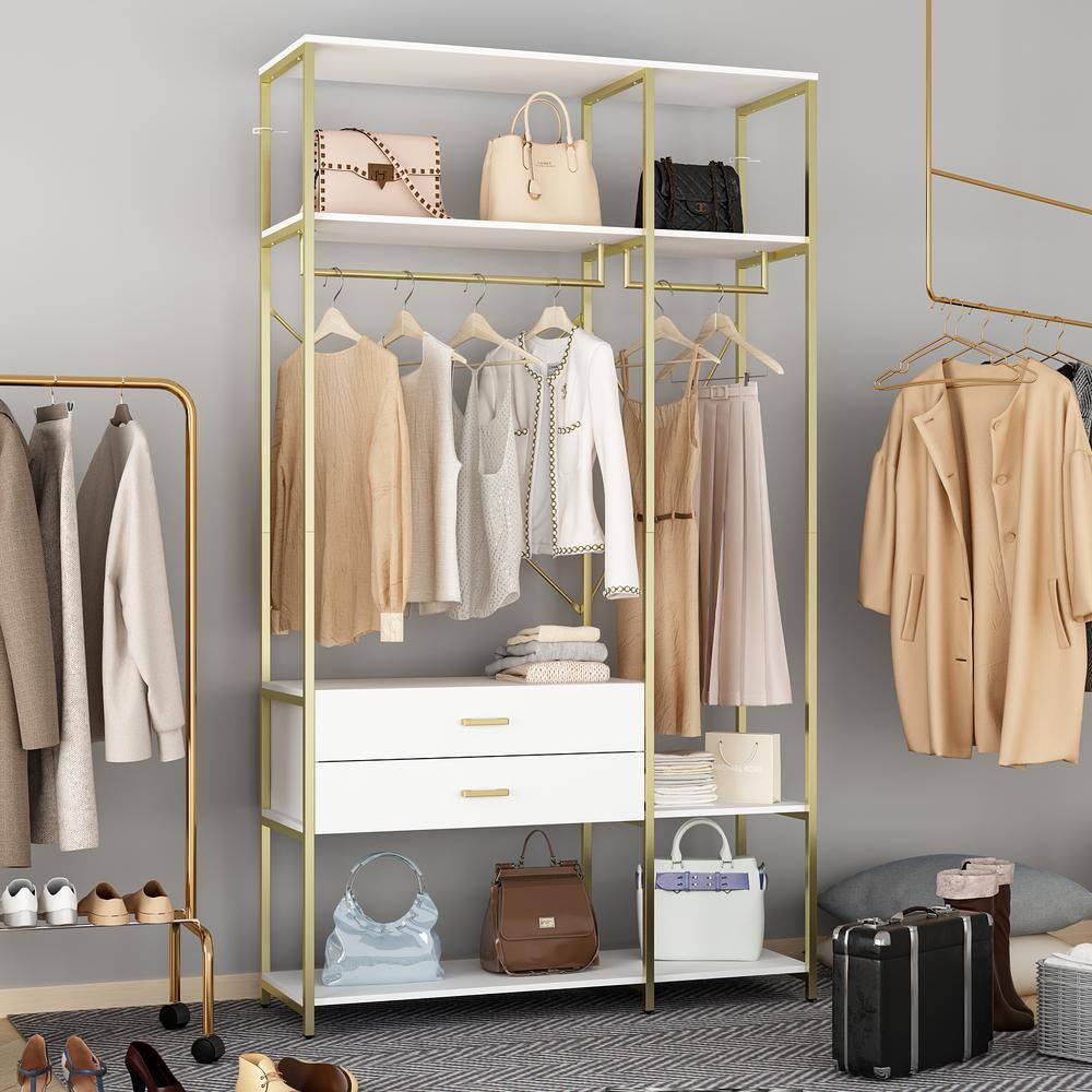 FUFUGAGA White and Gold Freestanding Metal Coat Rack Clothes Rack Closet Organizer with Hanging Rods and Open Shelf Drawers KF020382-01