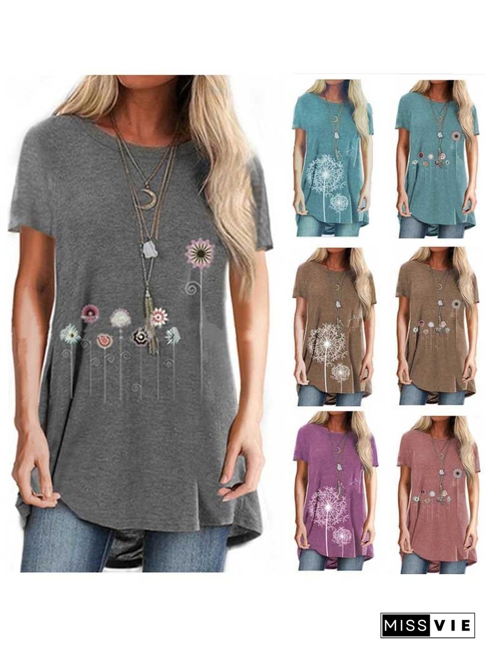 Women Short Sleeve Round Neck Top Floral Printed T-shirt