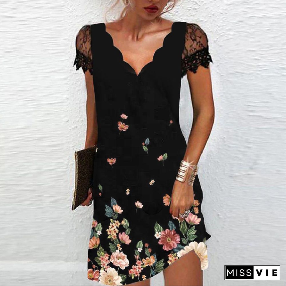 Women's Casual Dresses Sexy V Neck Slim Black Print Mini Lace Short Sleeve Prom Dresses Summer Elegant Dresses For Women