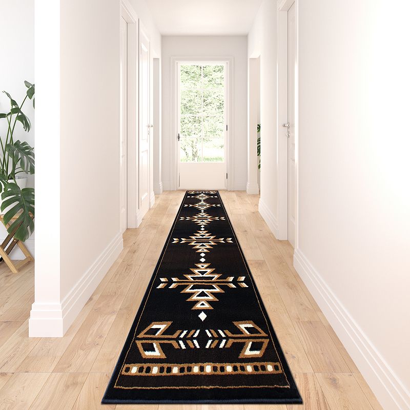 Masada Rugs Masada Rugs 3'x16' Southwest Native American Area Rug in Brown， Black， Beige and Ivory