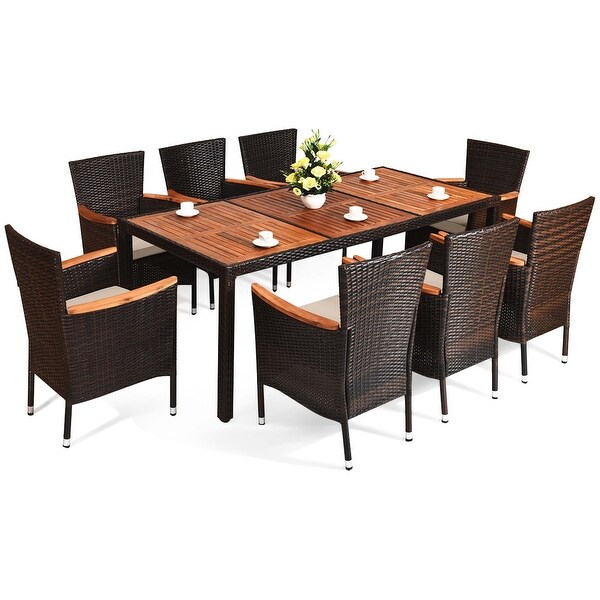 9PCS Patio Dining Set Wood Table Top Umbrella Hole Cushions Chairs