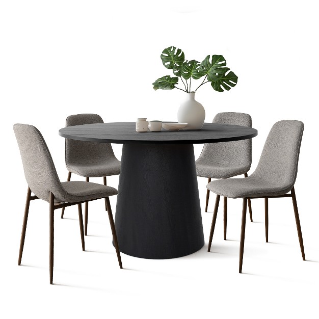 Black Round Dining Table Set For 4 upholstered Armless Dining Chairs With Manufactured Wood Grain Top Modern Round Dining Table Set