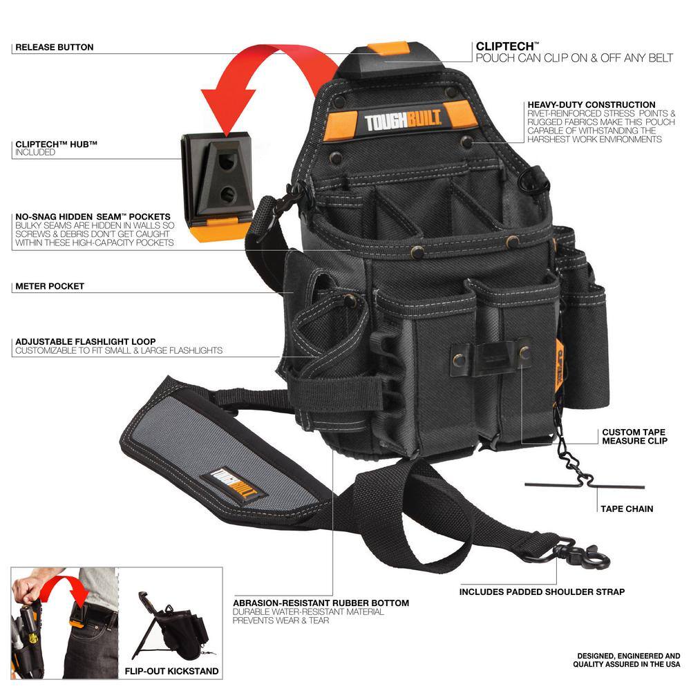 TOUGHBUILT Journeyman Electrician Pouch + Shoulder Strap in Black with ClipTech Hub 21-pockets and rugged 6-layer construction TB-CT-114