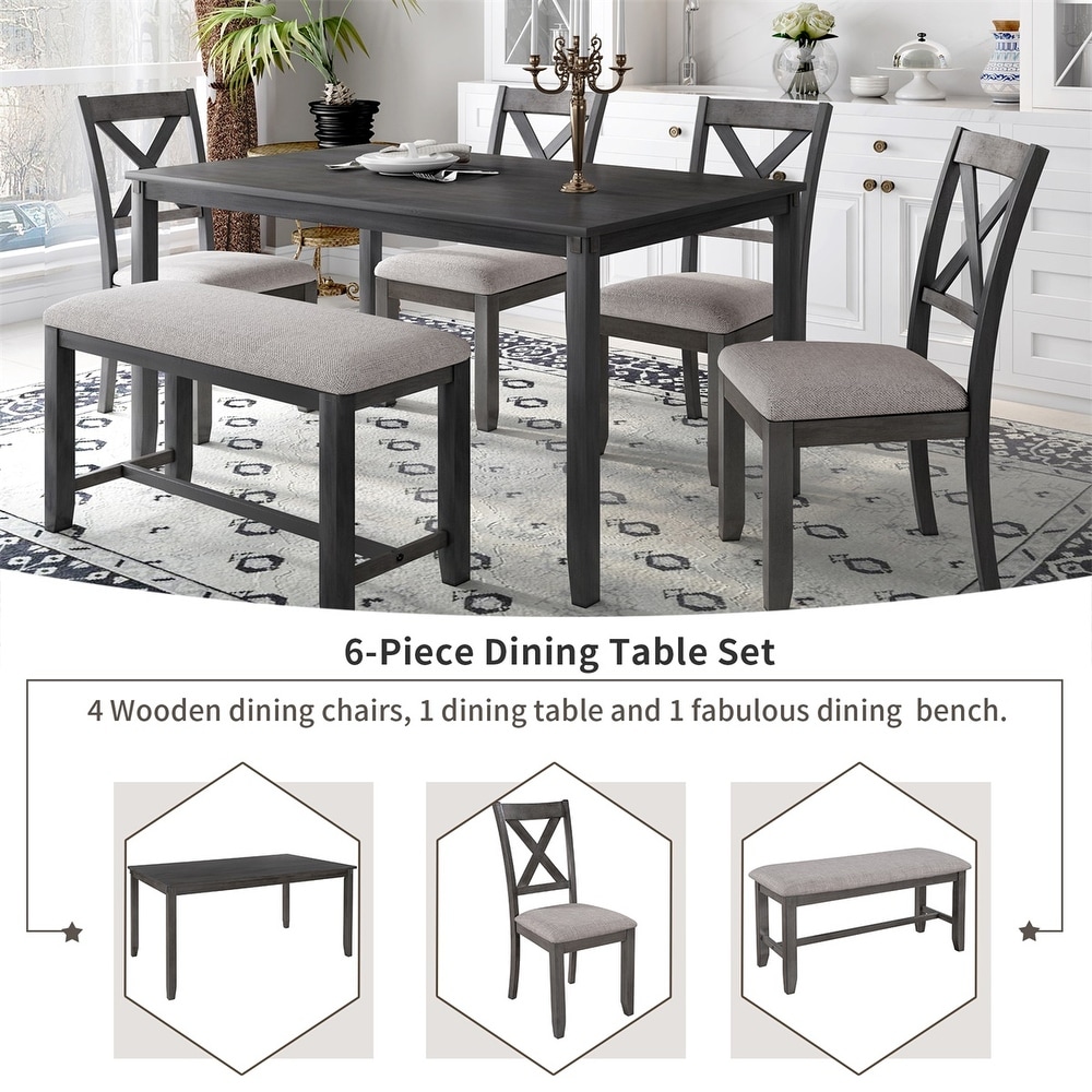 Merax Wooden 6 Piece Kitchen Dining Set with Bench and 4 Dining Chairs