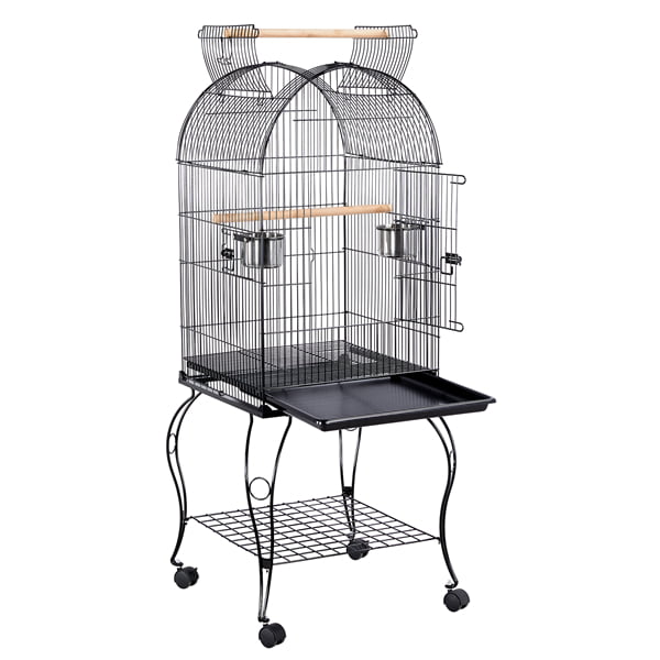 SMILE MART Metal Rolling Bird Cage with 2 Feeders and 2 Wooden Perches， Black