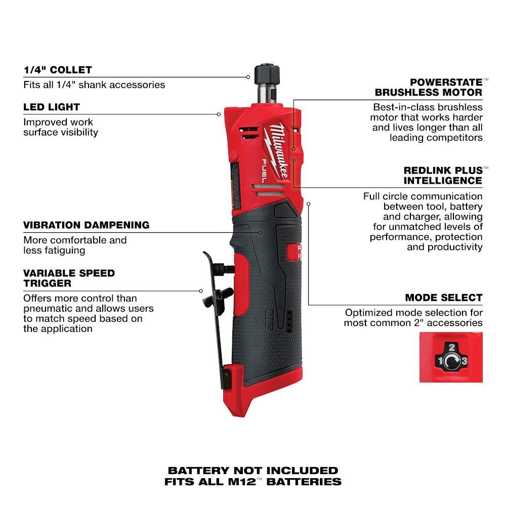 MW M12 FUEL 12V Lithium-Ion Brushless Cordless 38 in. x 13 in. Bandfile and M12 FUEL 14 in. Straight Die Grinder 2483-20-2486-20