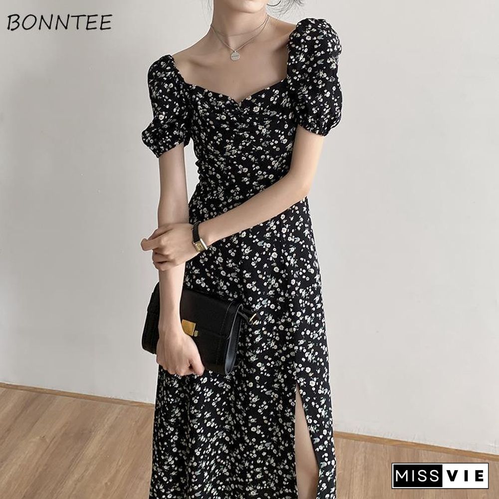 Midi Dress Women French Black Print Sexy Puff Sleeves Empire Side Slit Clubwear Temperament Summer Elegant Fashion Vestido Retro