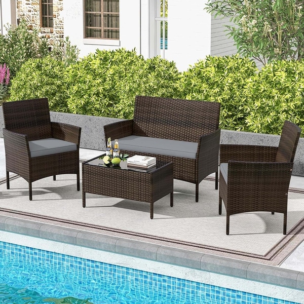 4 PCS Outdoor Rattan Conversation Set Patio Wicker Furniture Set