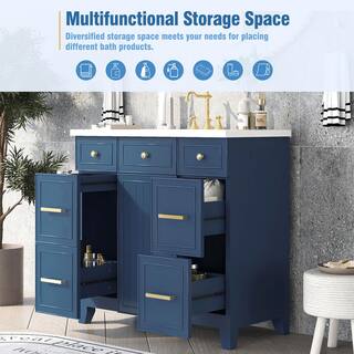 Aoibox 36 in. W x 18 in. D x 34 in. H Freestanding Bathroom Vanity Cabinet in Navy Blue with White Sink Top SNMX4439