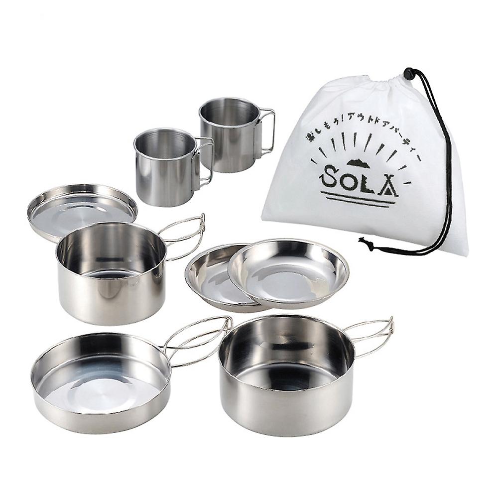 8pcs Outdoor Pan Set Stainless Steel Stacking Pots Hiking Pot Camping Cookware Non-stick Picnic Cooking Bowl Pot Kit