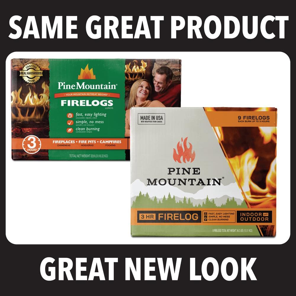 Pine Mountain Traditional 3-Hour Firelogs， Long Burning Firelog for Fireplace， Campfire， Fire Pit， Indoor and Outdoor Use (9-Pack) 501-160-805