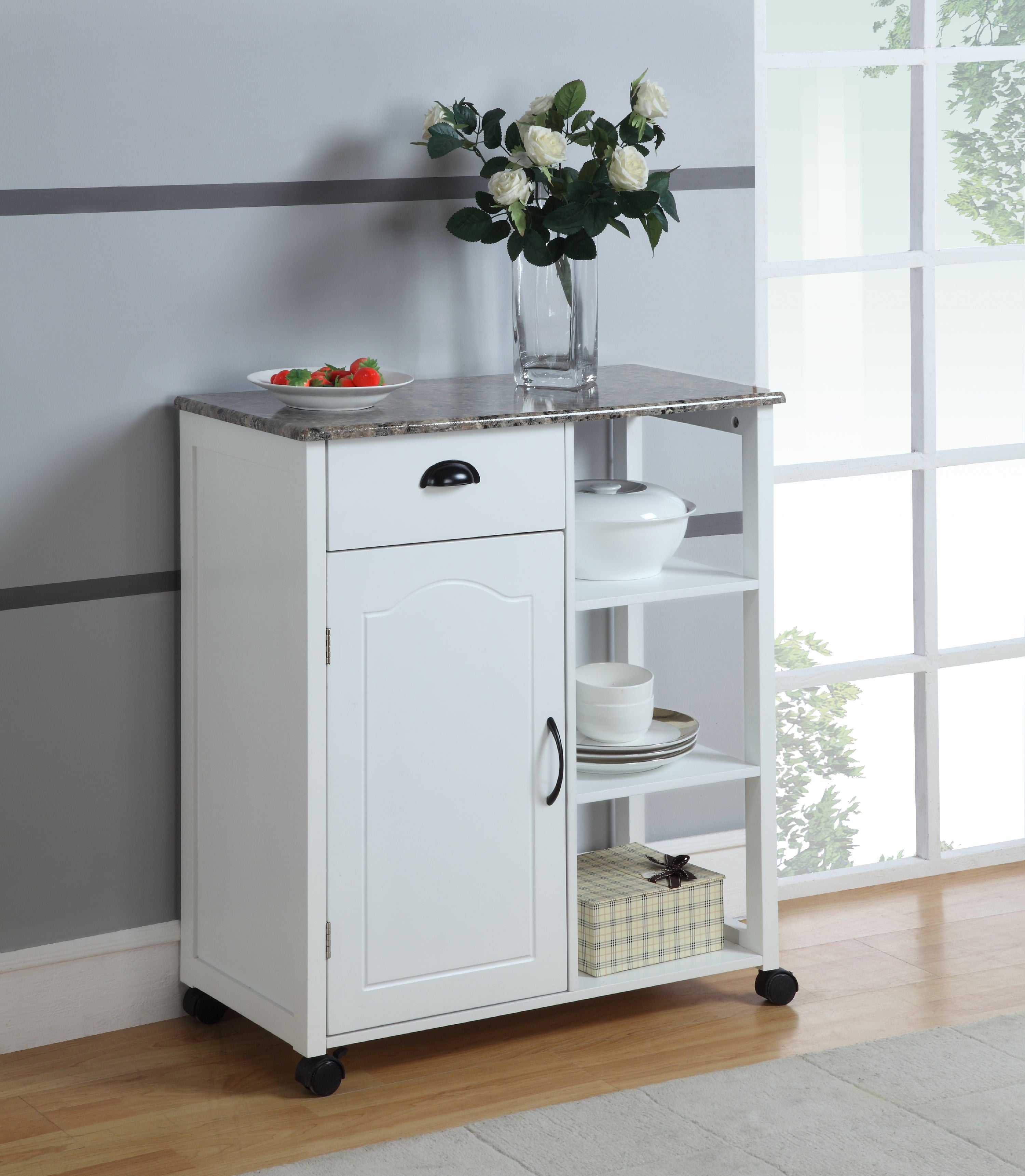 Brody Wheeled Kitchen Island Serving Cart With Storage Cabinet， Drawer and Shelves， White Wood and Faux Marble Top， Contemporary