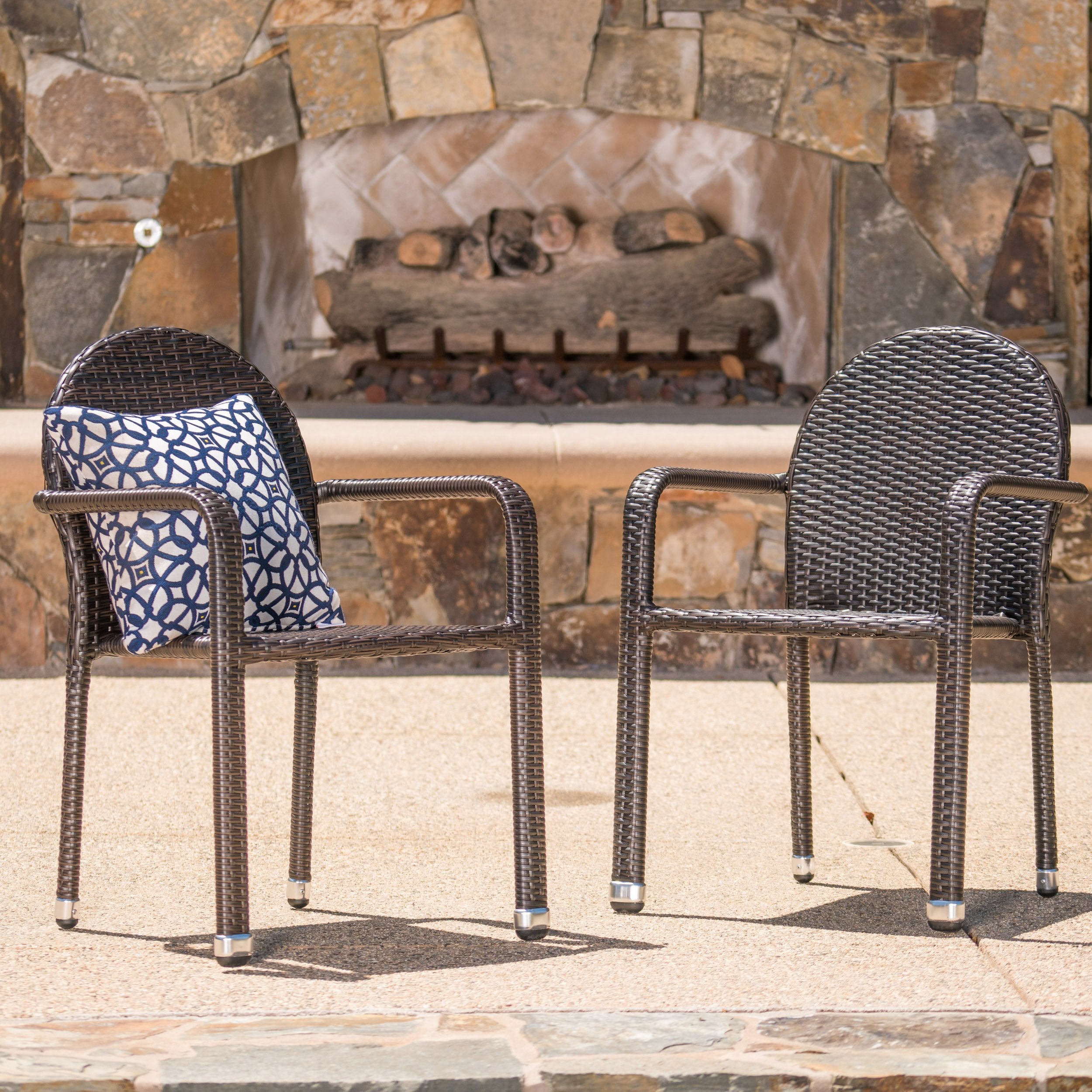 Ava Outdoor Wicker Armed Aluminum Framed Stack Chairs (Set of 2)