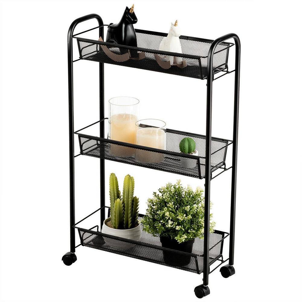 Boyel Living 3-Tier Mesh Rolling Cart Mobile Organizer Stand Utility Cart Trolley in Black HYSN-63143BK