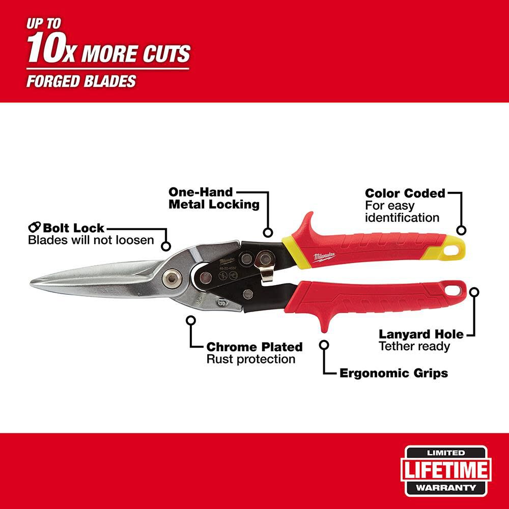 Milwaukee Long Cut Straight Aviation Snips 48-22-4537 from Milwaukee