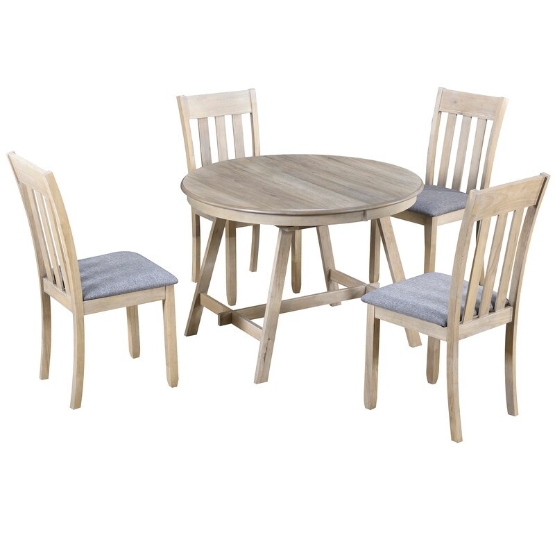 5 Piece Wooden Dining Table Set  Round Extendable Dining Table with 4 Dining Chairs