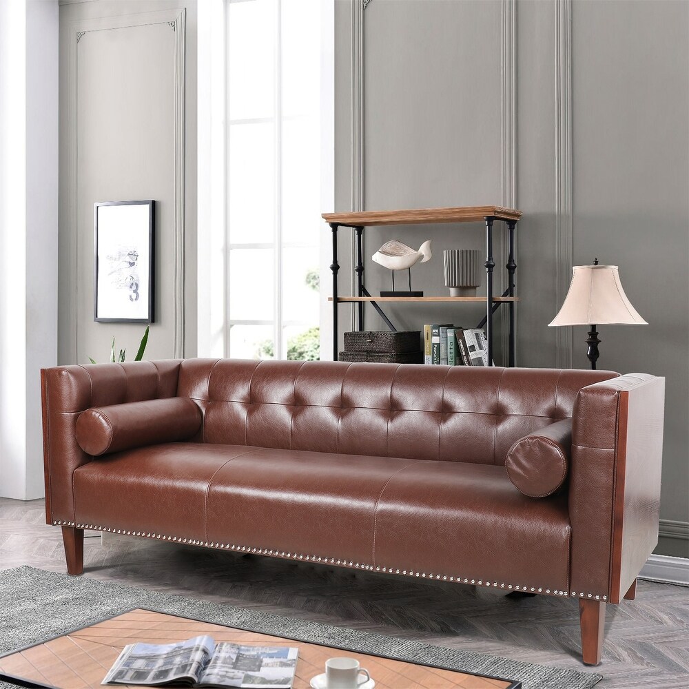 Modern Wooden Sides Arm Sofa with Leather  Nailhead Finish