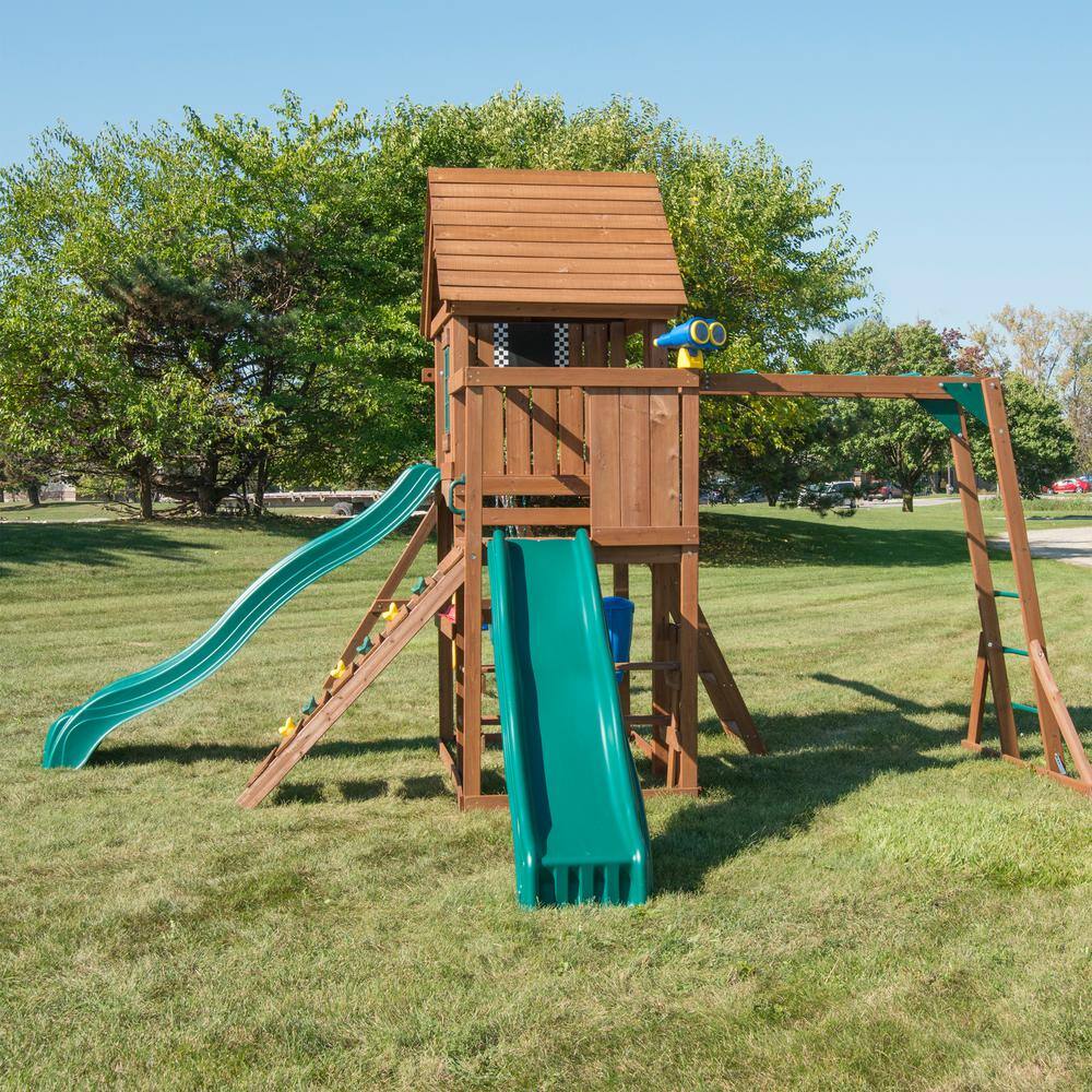 Swing-N-Slide Playsets Super KnightsBridge Complete Wooden Outdoor Playset with Slides Monkey Bars Swings and Swing Set Accessories WS 8354