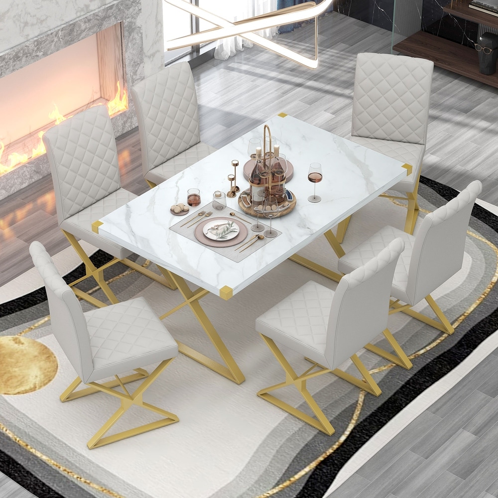 Modern White 7 Piece Dining Set with Marble Texture Table and PU Leather Chairs