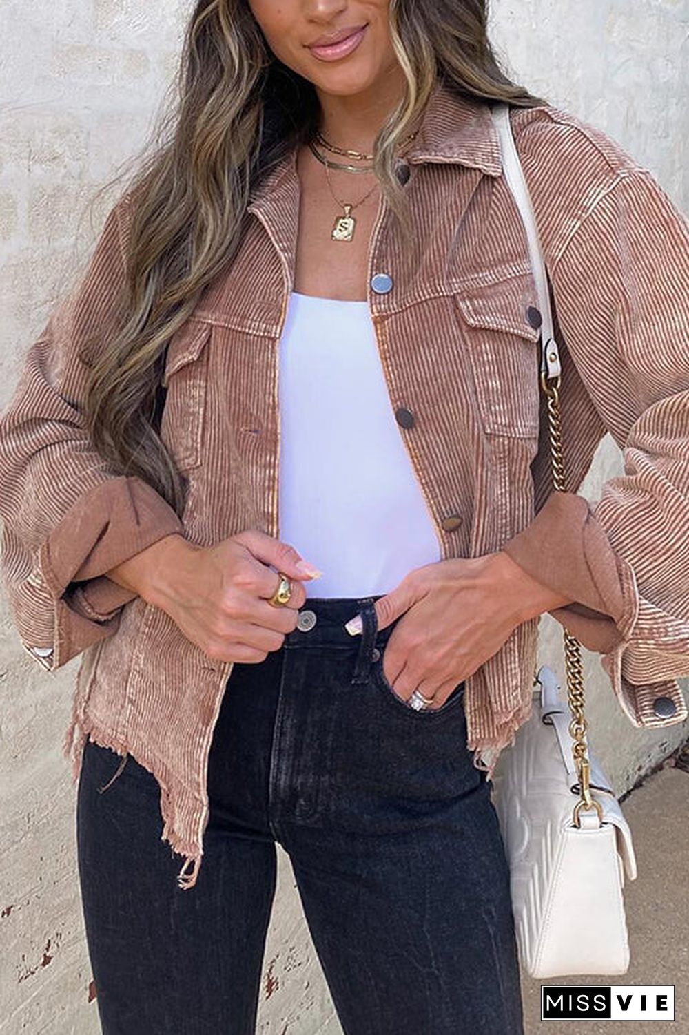 Frayed Hem Cropped Corduroy Jacket