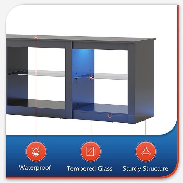 TV Stand with LED Lights for TVs up to 65 inch， Entertainment Center with Glass Shelves， Modern TV Stand for Living Room