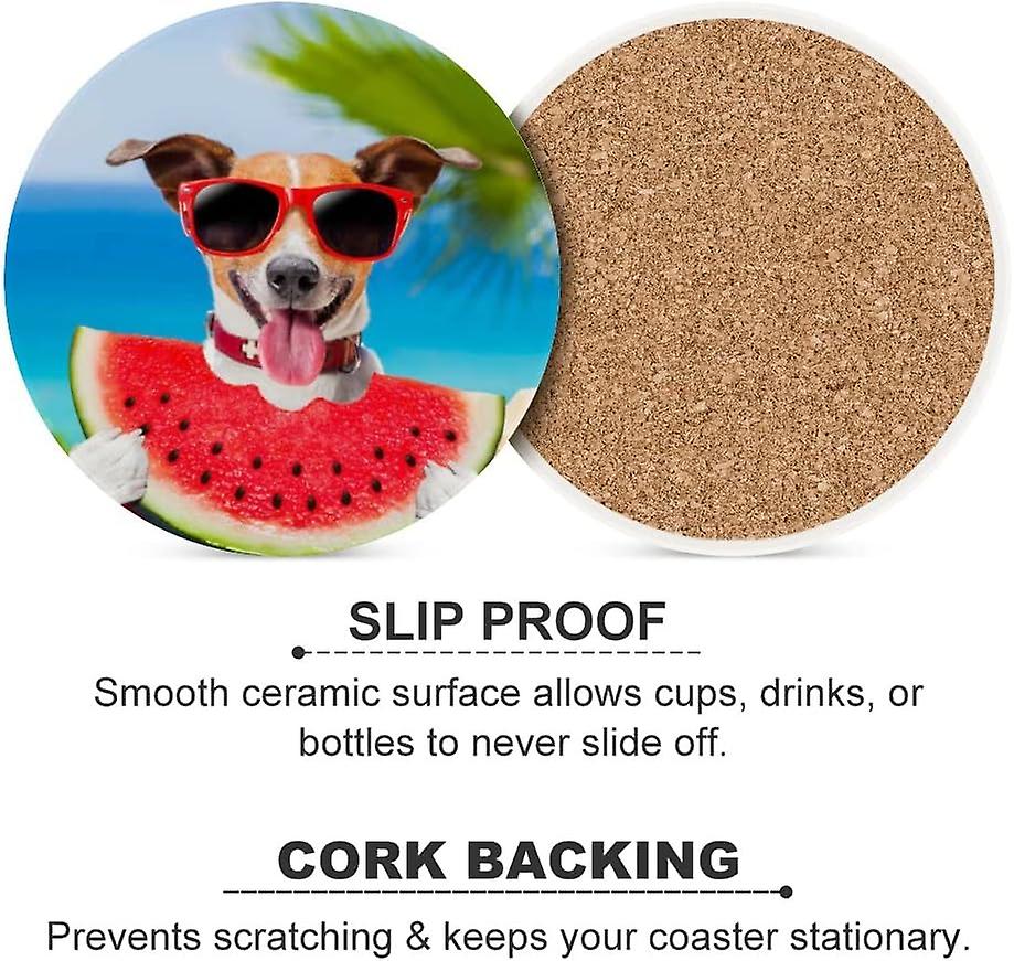 4pcs Round Jack Russell Dog Eating A Fresh Watermelon Ceramic Coasters With Cork-backed For Coffee Drink Cup Mat Absorbent Stone Coasters