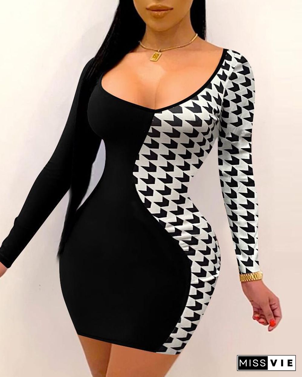 Houndstooth Print Long Sleeve Bodycon Dress P12375