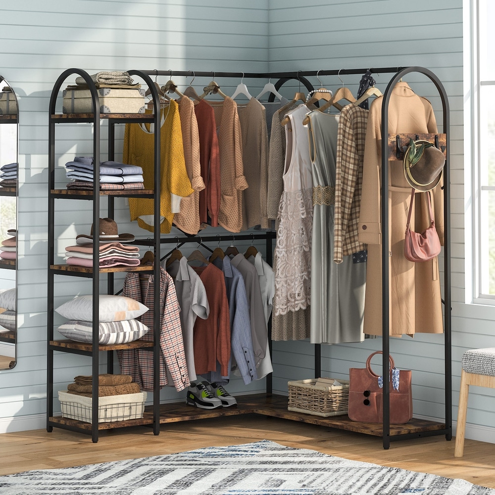 Industrial L Shaped Closet Organizer  Freestanding Corner Clothes Garment Rack with Hanging Rods and Storage Shelves