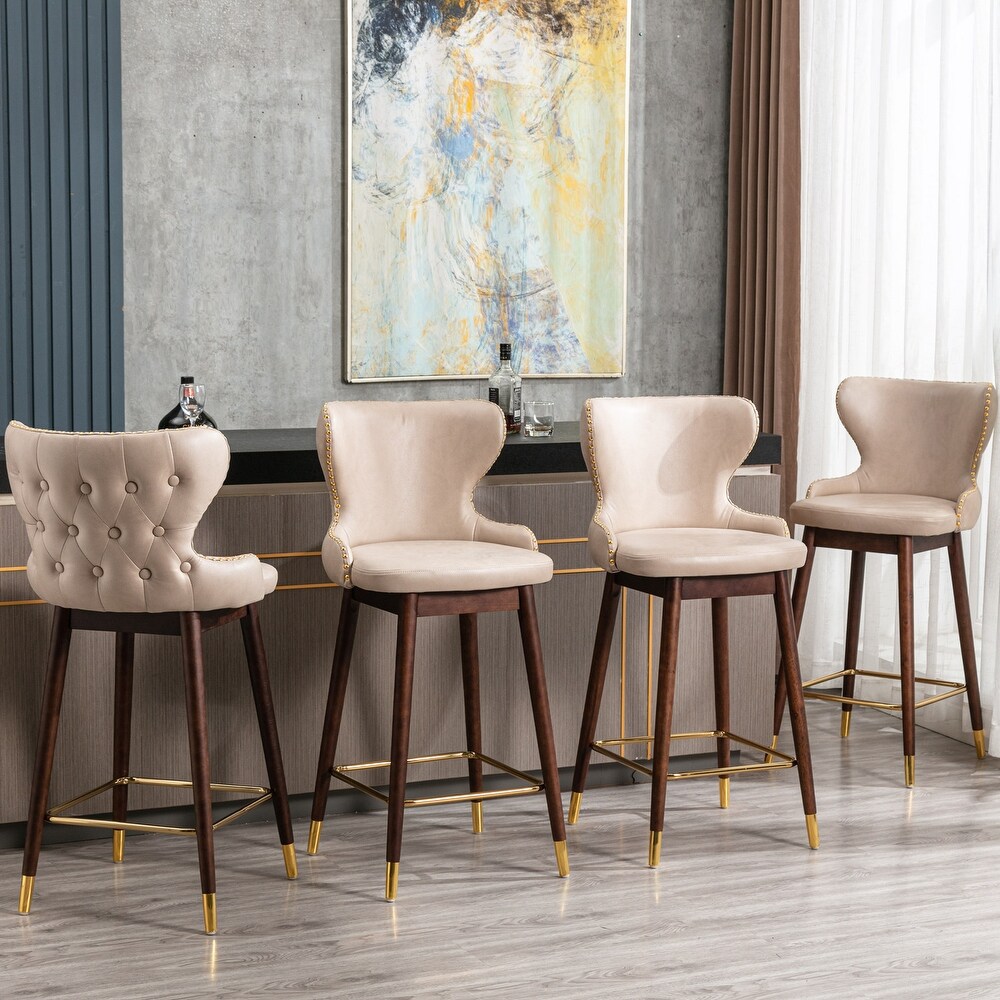 Modern Leather Fabric Bar Stool with Gold Nailheads   Solid Wood Legs  Set of 2